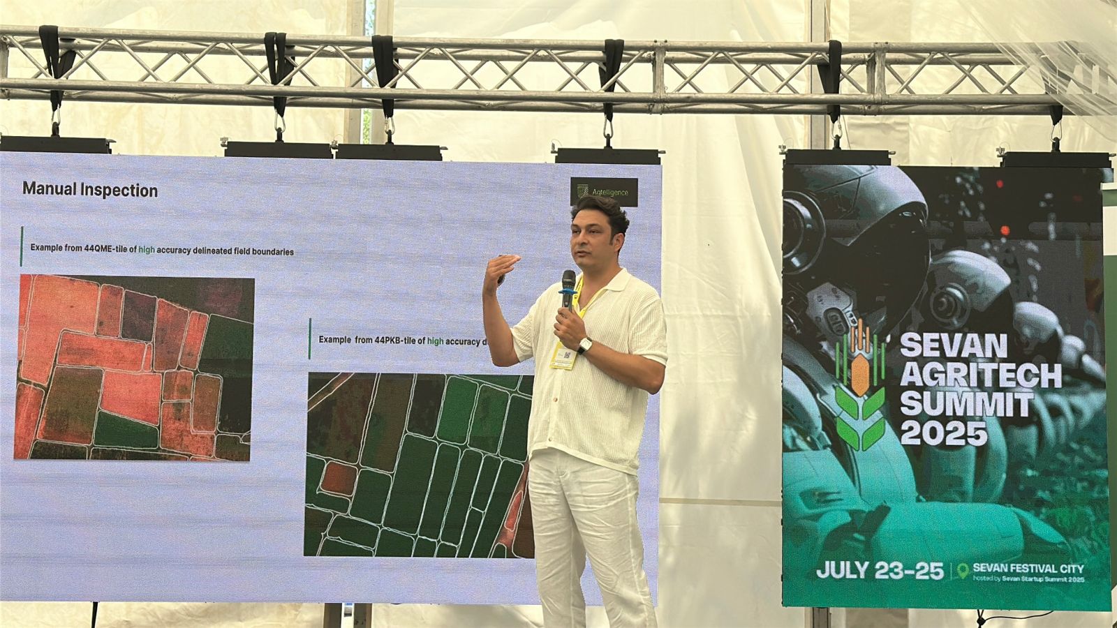 Nima Eskandari presenting satellite field boundary mapping at the Sevan Agritech Summit 2025