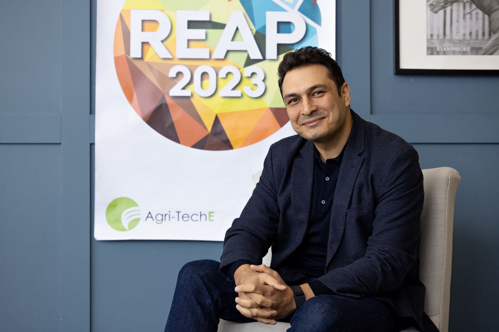 Nima Eskandari seated at the REAP 2023 Start-up Showcase by Agri-TechE